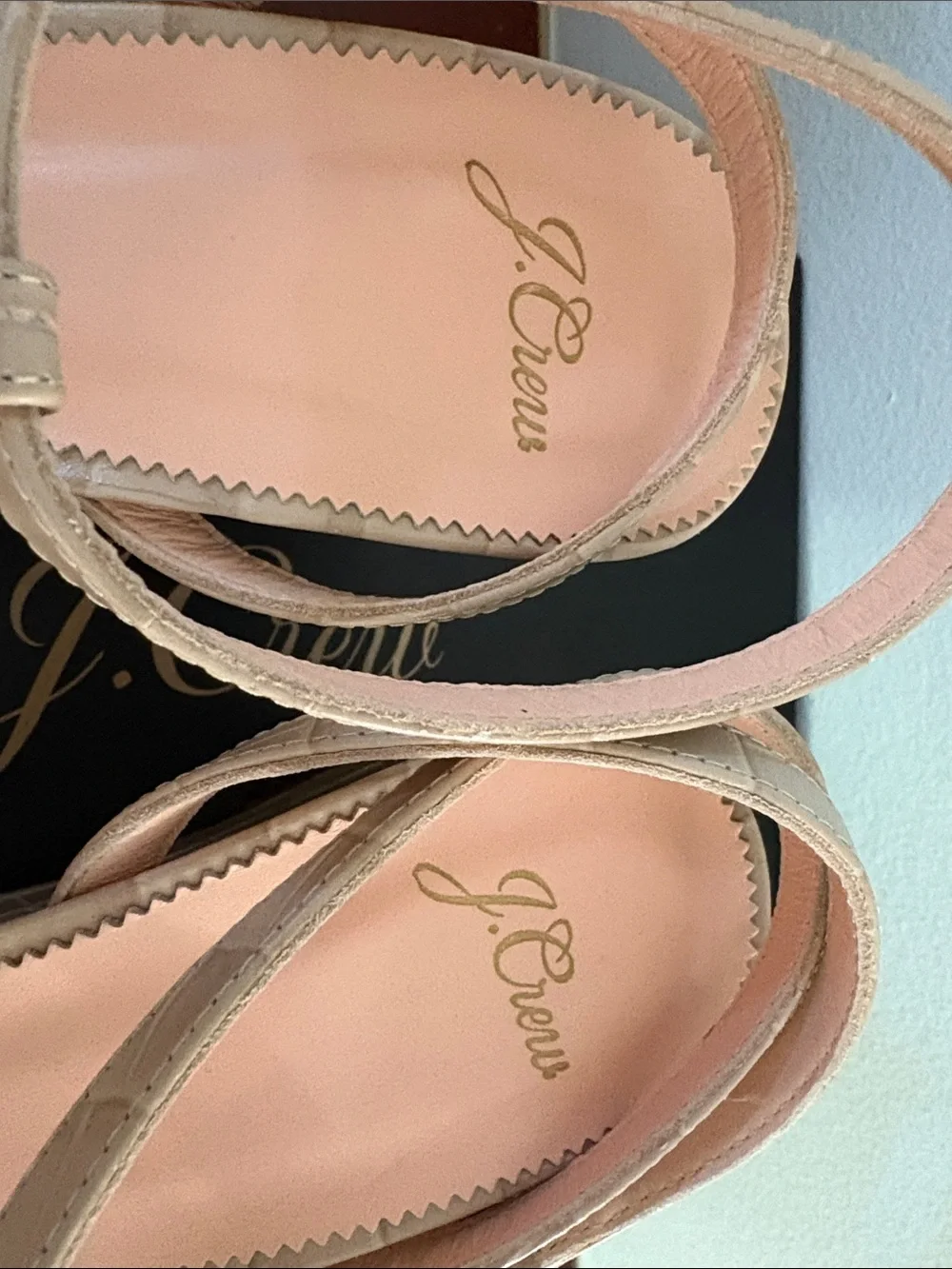 J. Crew Beige Croc-Embossed T-Strap Wedge Sandals